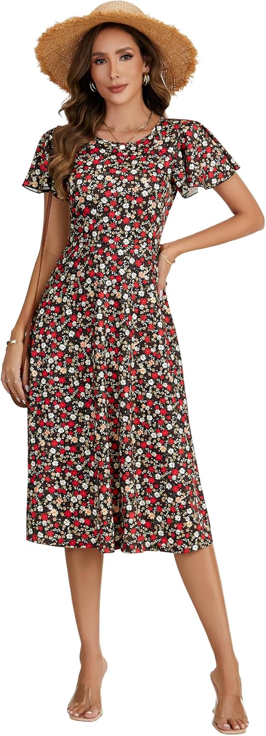 Rooscier Women's Floral Flounce Sleeve Round Neck A Line Flare Casual Midi Dress - Image 6