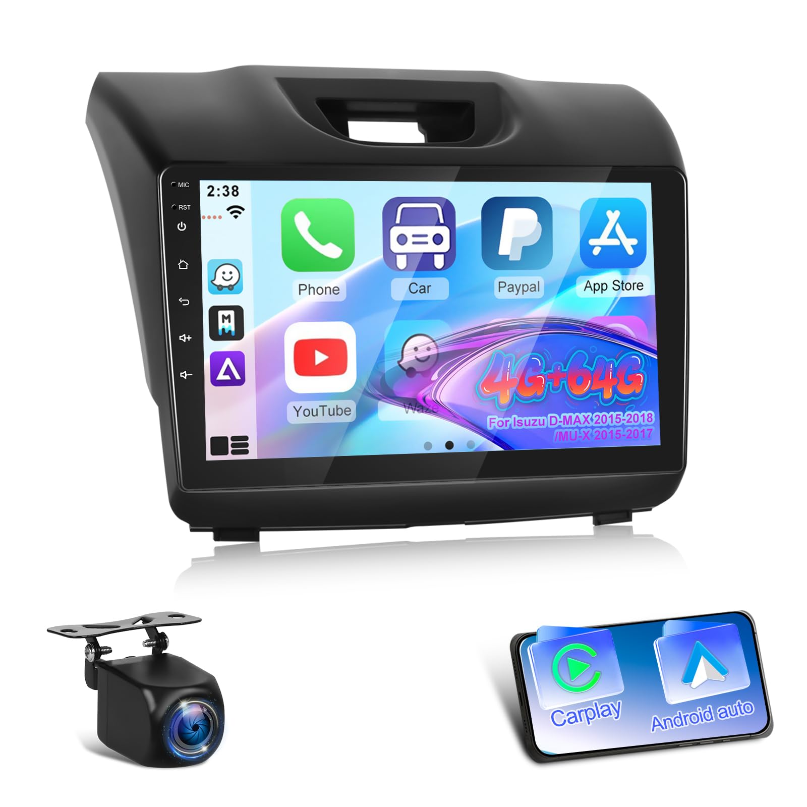 EKAT Car Radio for Isuzu D-MAX 2015-2018 MU-X 2015-2017 with Wireless Carplay & Android Auto - 8 Core Android 13 2+64G - 9 Inch Touchscreen Radio with WiFi & 32EQ DSP + AHD Rear View Camera