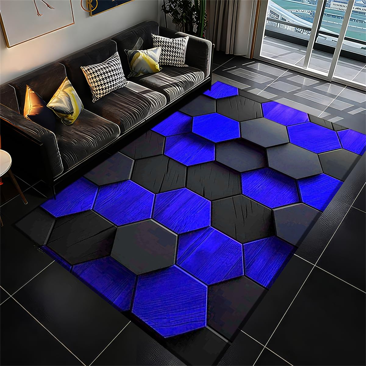 Tapis Gamer Chambre Ado Garçon Adulte Vision Géométrique Néon Coloré Graffiti Imprimé 3D Rug de Chaise Gaming Salon Tapis de Sol Déco Antidérapant Flanelle Doux Carpet (Bleu,120x180 cm)