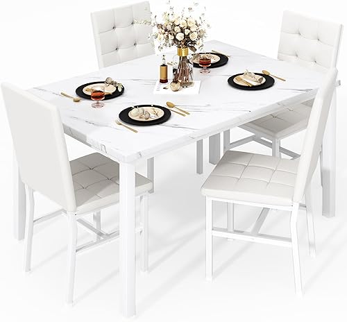 Set de mesa de comedor AWQM para 4, juego de mesa y sillas de cocina de imitación de mármol de 4, juego de mesa de comedor moderno para 4, mesa de