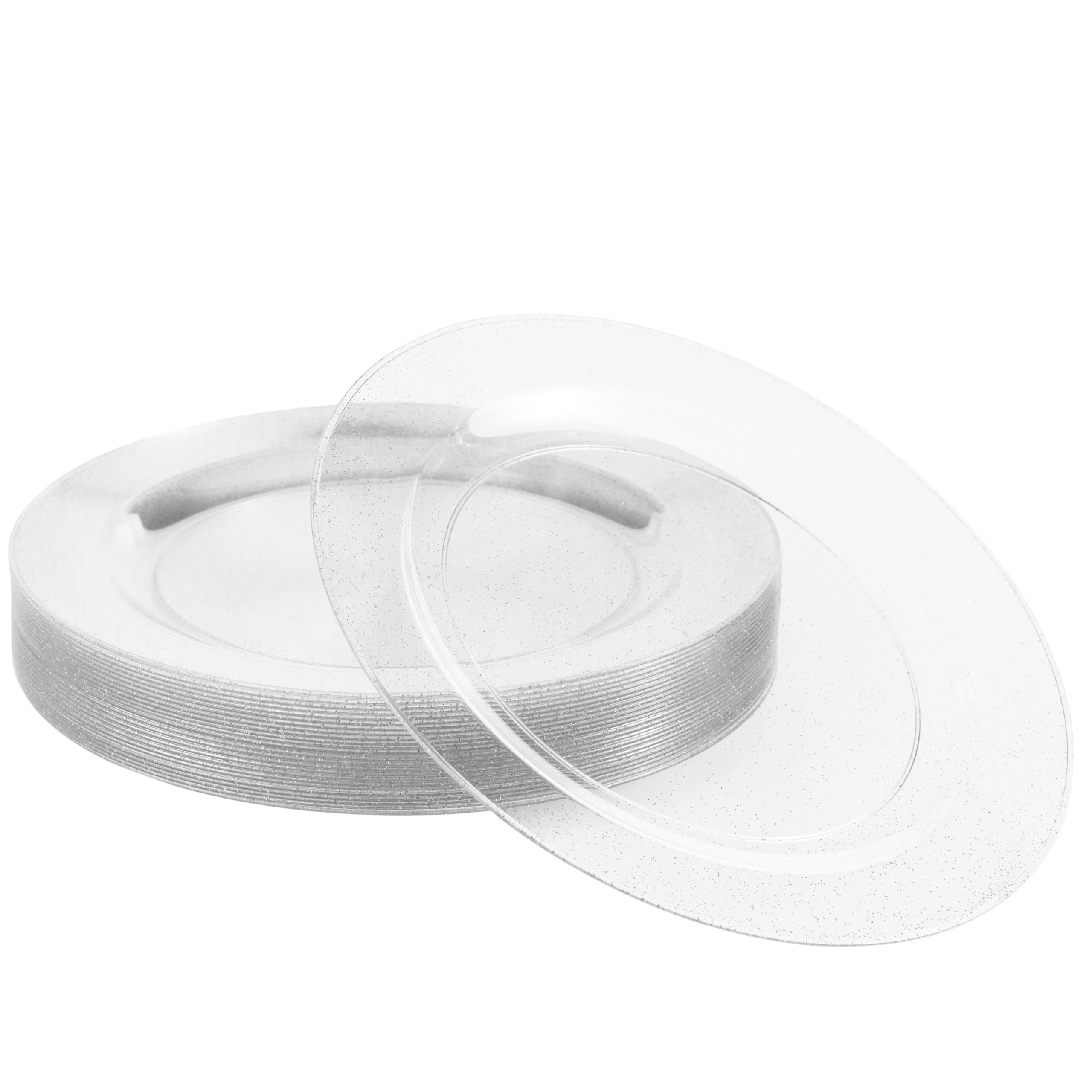 MATANA 25 Premium Clear Hard Plastic Dinner Plates with Silver Glitter, 26cm / 10 Inch