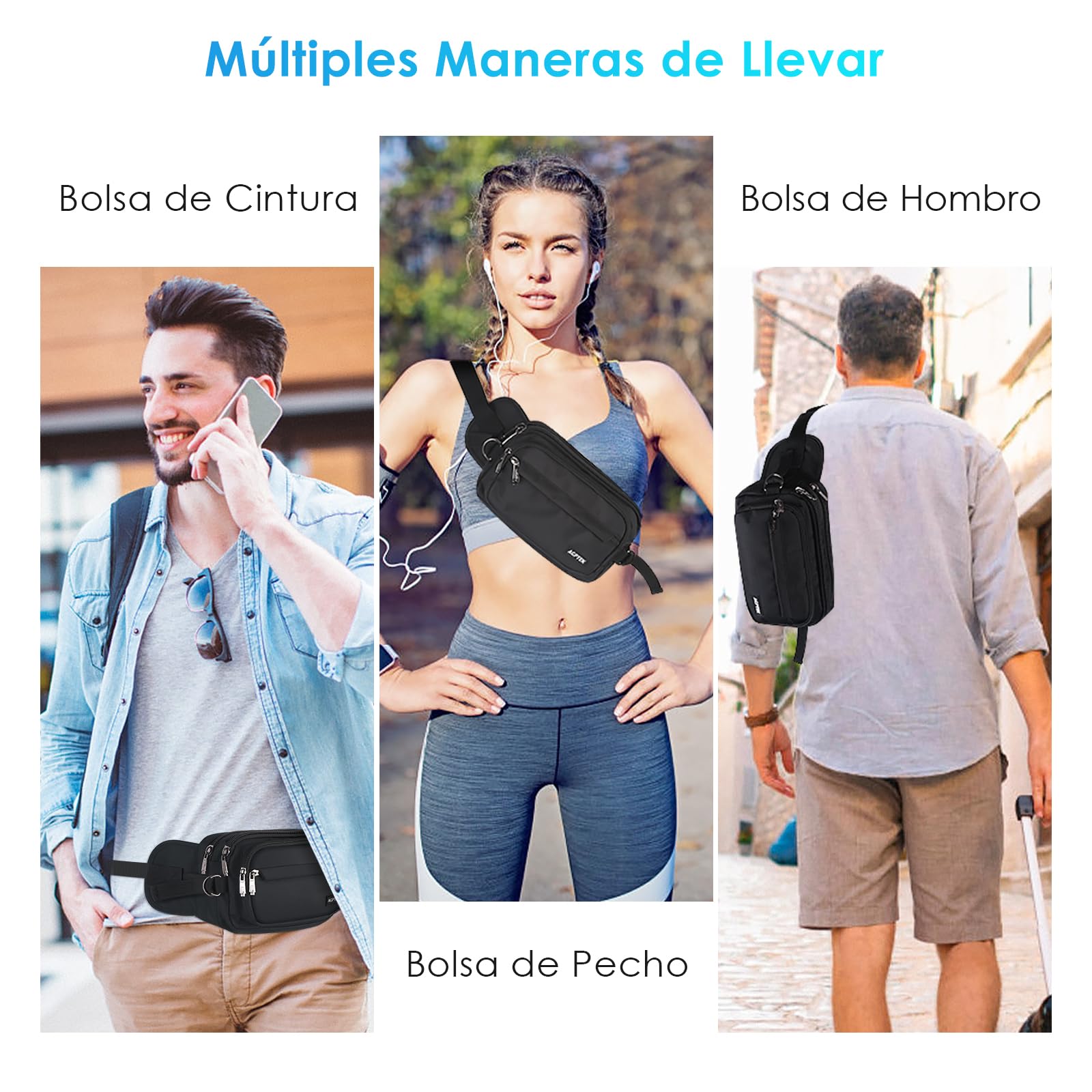 AGPTEK Riñonera Deportiva Hombre y Mujer con 5 Bolsillos, Riñonera Grande de Trabajo, Riñonera Antirrobo RFID con Cinturón Ajustable para Running, Viaje y Camping