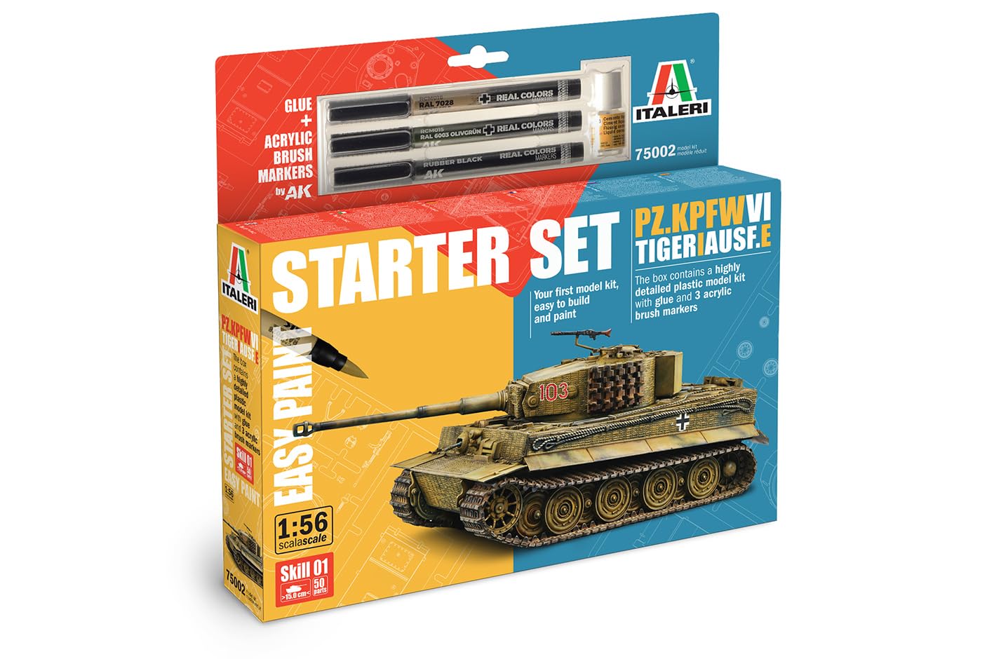 Italeri 75002 Line Starter Set - Easy Paint: Kpfw. VI Tiger I Ausf.E, 1:56 Scale, Plastic Model Kit/Model in Plastic to assemble, includes glue and 3 acrylic markers for painting