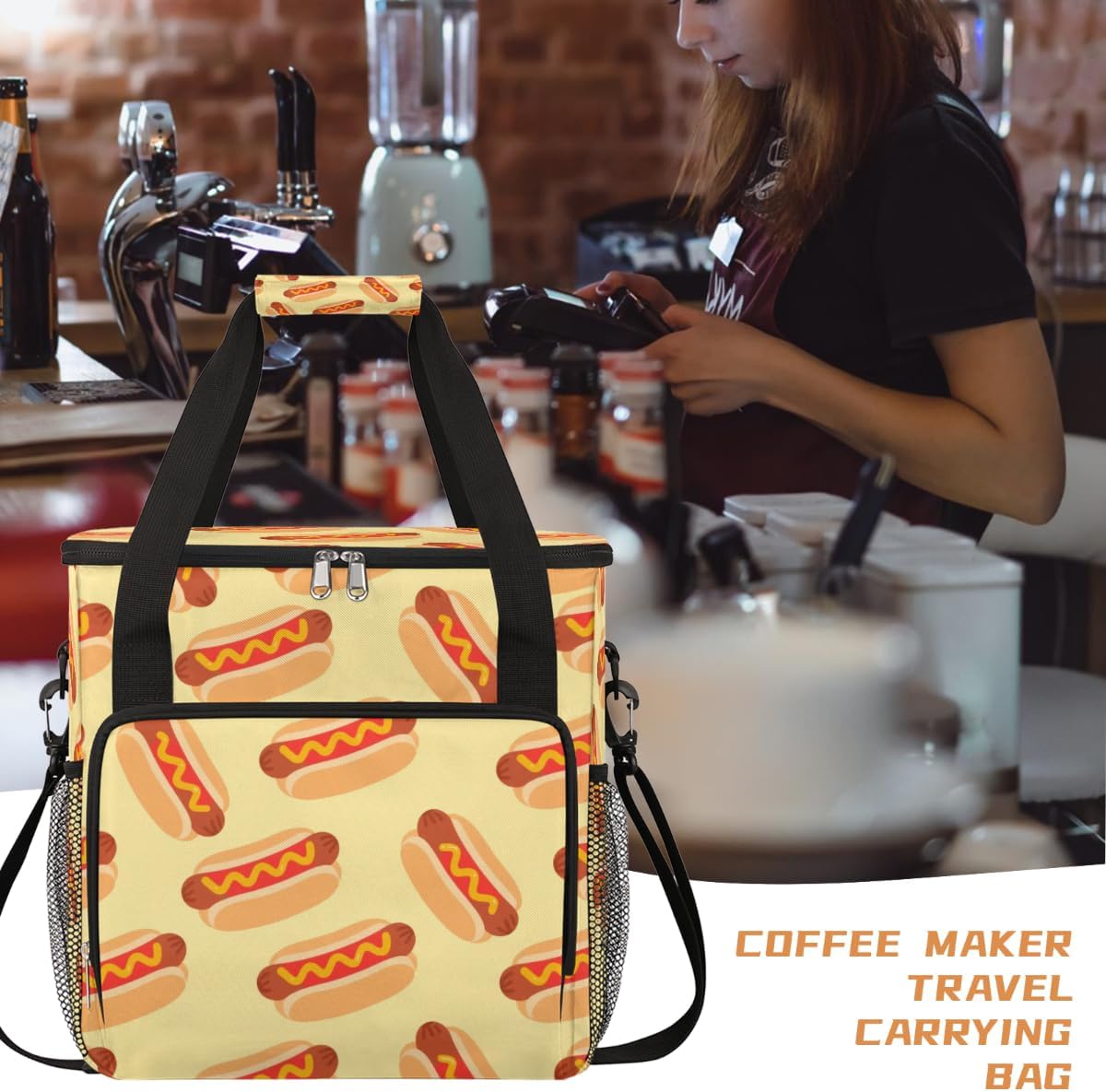 Hot Dog Pattern Portable Coffee Maker Carrying Bag Compatible with Keurig K-Mini or K-Mini Plus - Travel Storage Tote with K-Cup Pod Pockets for Single Serve Coffee Brewer