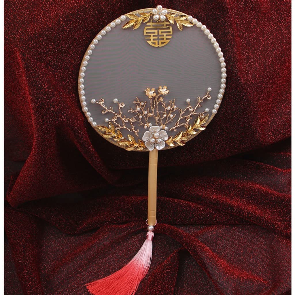 Chinese Style ROOd Round Wedding Bride Hand Silk Fans Wooden Eventail Portable Fan Home Table Decor (color : ROOd) (ROOd One Size)