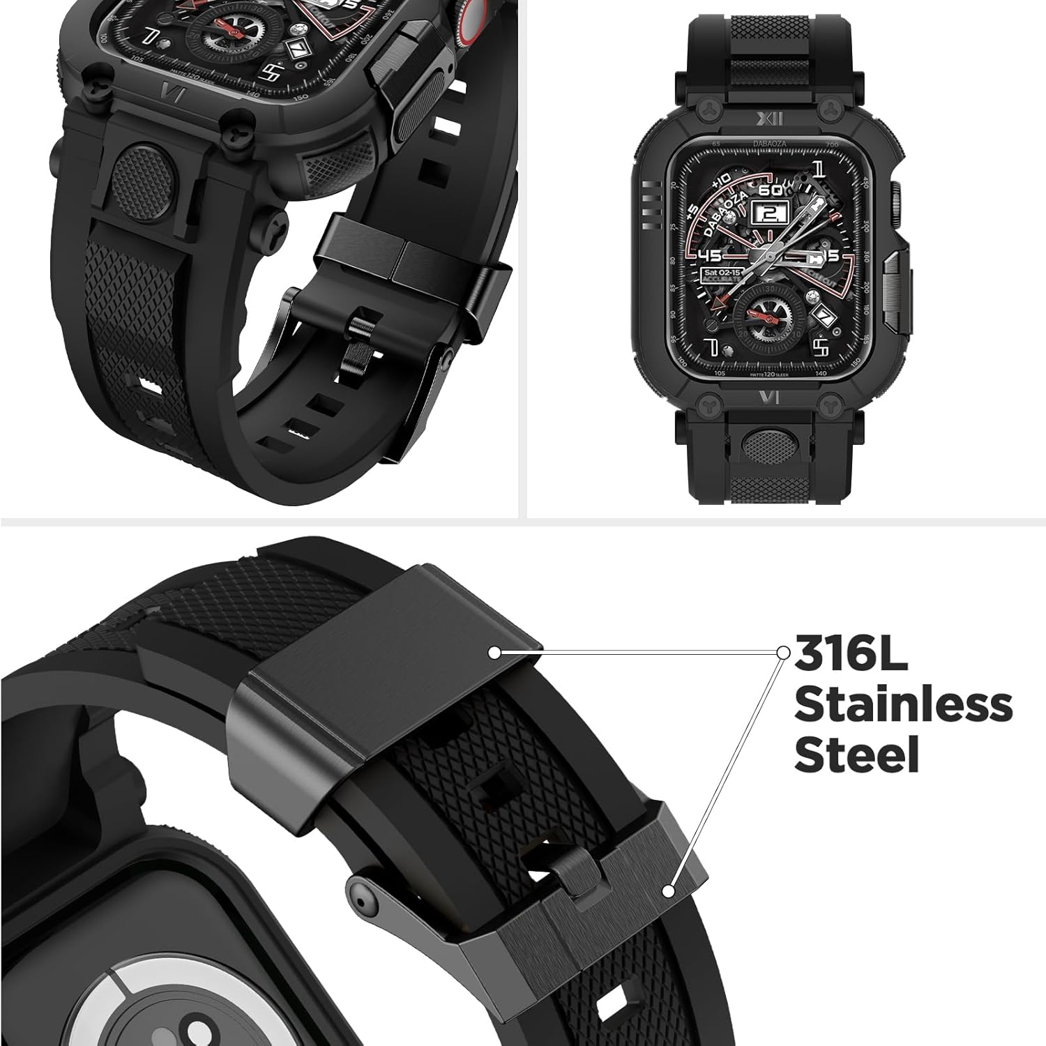 DABAOZA Compatible with Apple Watch Band 46mm Case for Men, Sport Shockproof Rugged Protective Strap Bumper Cover for iWatch SE Ultra 3/2/1 Series 11/10/9/8/7/6/5/4/3 (Black/Black,46)
