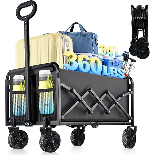 Collapsible Wagon Cart with Wheels Foldable - Lightweight 360LBS Heavy Duty Folding Utility Portable Beach Wagon with All-Terrain Wheels for Groceries Shopping Garden Sports Camping