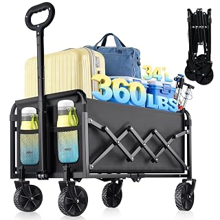 Collapsible Wagon Cart with Wheels Foldable - Lightweight 360LBS Heavy Duty Folding Utility Portable Beach Wagon with All-Terrain Wheels for Groceries Shopping Garden Sports Camping - Amazon product rated Grade A