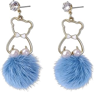 Cute Bear Pom Pom Drop Earrings for Women, Sparkly Zircon Stud with Fuzzy Fluffy Ball, Trendy Cartoon Dangle Earrings Cute Jewelry Gifts