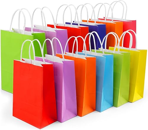 Pequeñas bolsas de regalo con asas, 24 unidades a 8 colores de papel kraft marrón para fiesta, bolsas de regalo para Navidad, cumpleaños de niños,