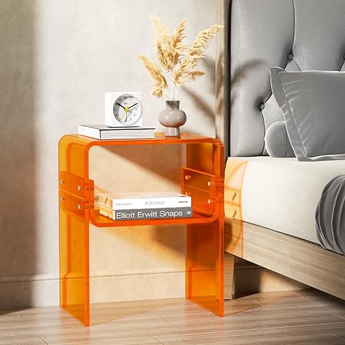 HIIMIEI Mesa auxiliar acrílica, mesa auxiliar Lucite, mesita de noche transparente, mesa de noche de 2 niveles para sala de estar, dormitorio,