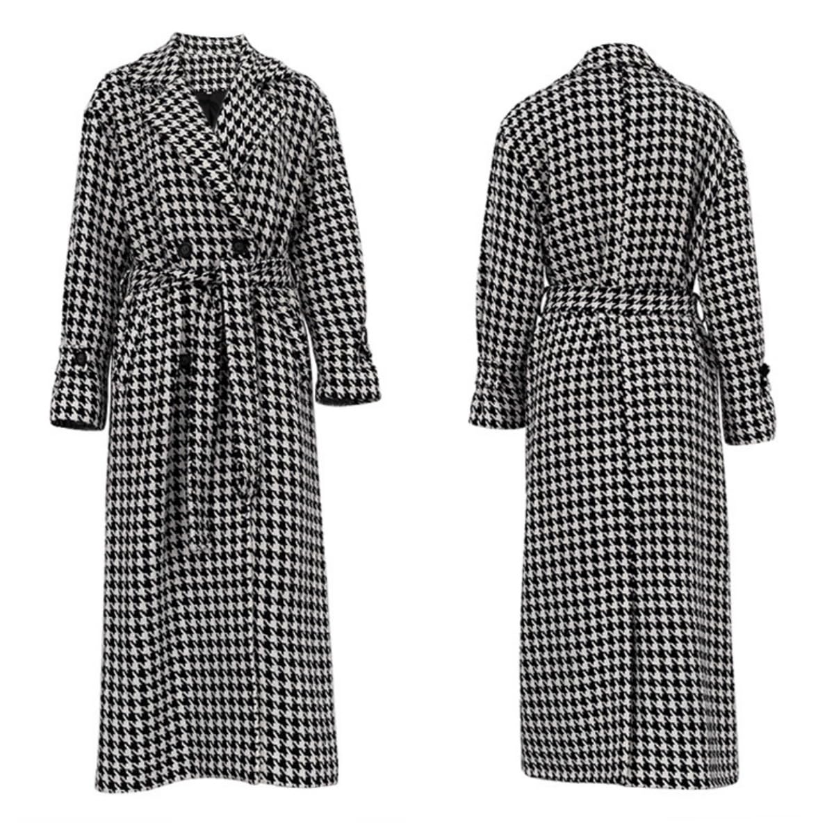 Trench Mujer Gabardina De Pata De Gallo Para Mujer Abrigo Largo De Lana Con Doble Botonadura Largo Completo Cuello Con Muescas Abrigo De Cuadros De Pata De Gallo Con Cinturón