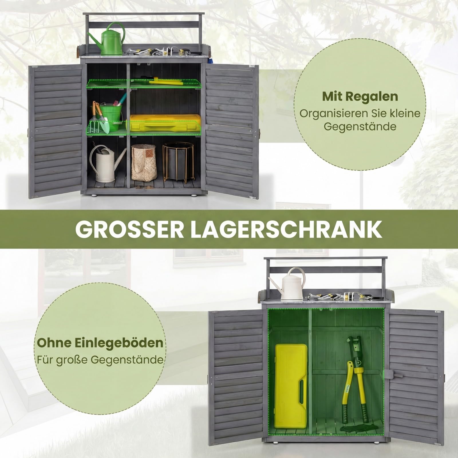 COSTWAY Pflanztisch Outdoor wetterfest, Gärtnertisch Holz, Blumentisch mit Unterschrank & verzinkter Arbeitsplatte & abnehmbaren Regalen, Gärtnertisch für Garten Terrasse Hof, 87x45x120cm, Grau