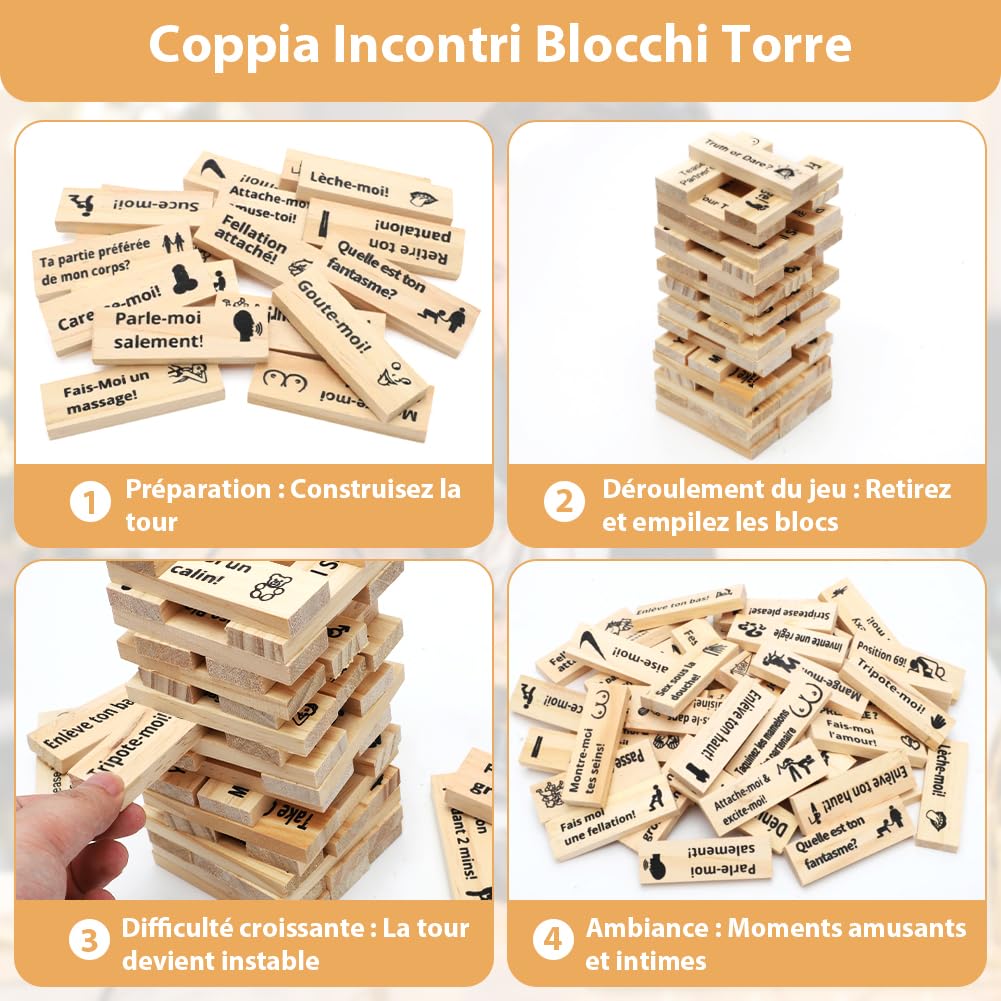 DASIAUTOEM Jeu de Tour de Blocs Coquins 48 Pièces, Lust Tower pour Couples, Jeu Coquin de Tour Infernale pour Adultes, Blocs Empilables en Bois, Cadeaux de Rencontre pour Couples Adultes