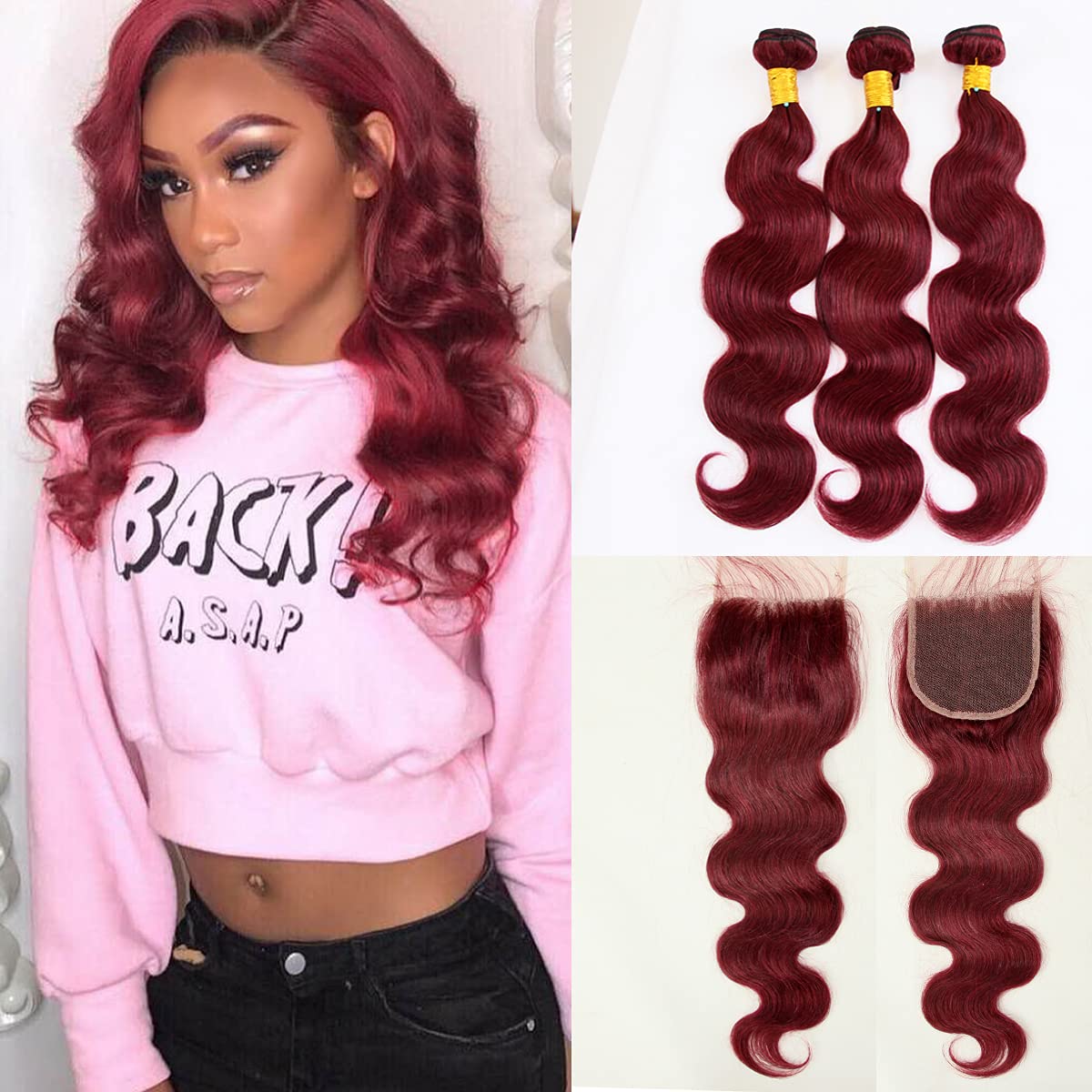 Brazilian Human Hair Burgundy Bundles with Lace Closure 4×4 Body Wave #99J Wine Red Free Part Pre Plucked Natural Hairline with Baby Hair 20+22 24 26 inch