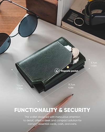 Vista 6 de VULKIT Billetera desplegable de metal para hombre, bloqueo RFID inteligente, tarjetero de crédito, cierre magnético, billetera triple de cuero