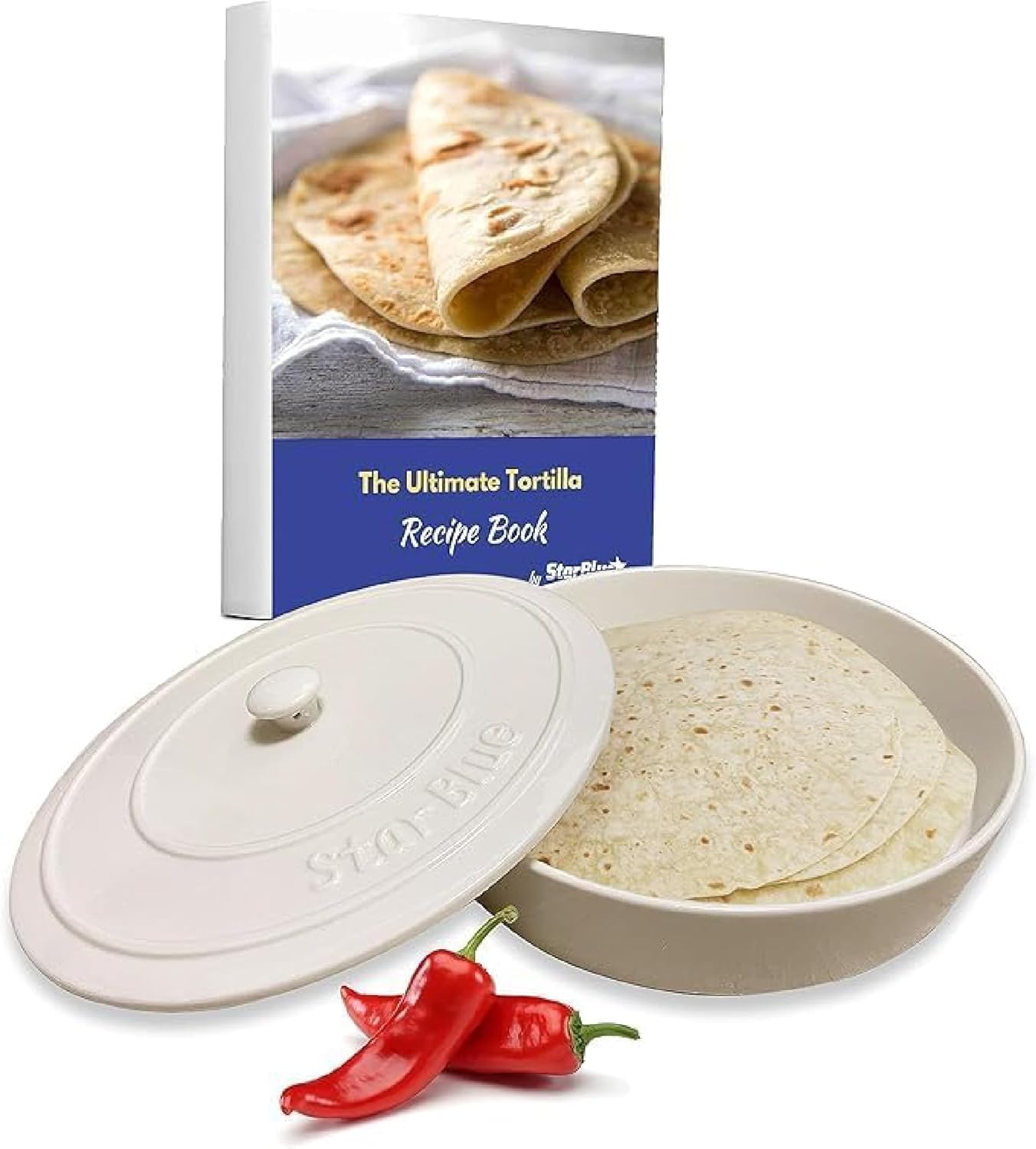StarBlue 8 Inch Ceramic Tortilla Warmer with FREE Recipes ebook - White, Insulated One Hour and Holds up to 24 Tortillas, Chapati, Roti, Microwavable, Oven Safe