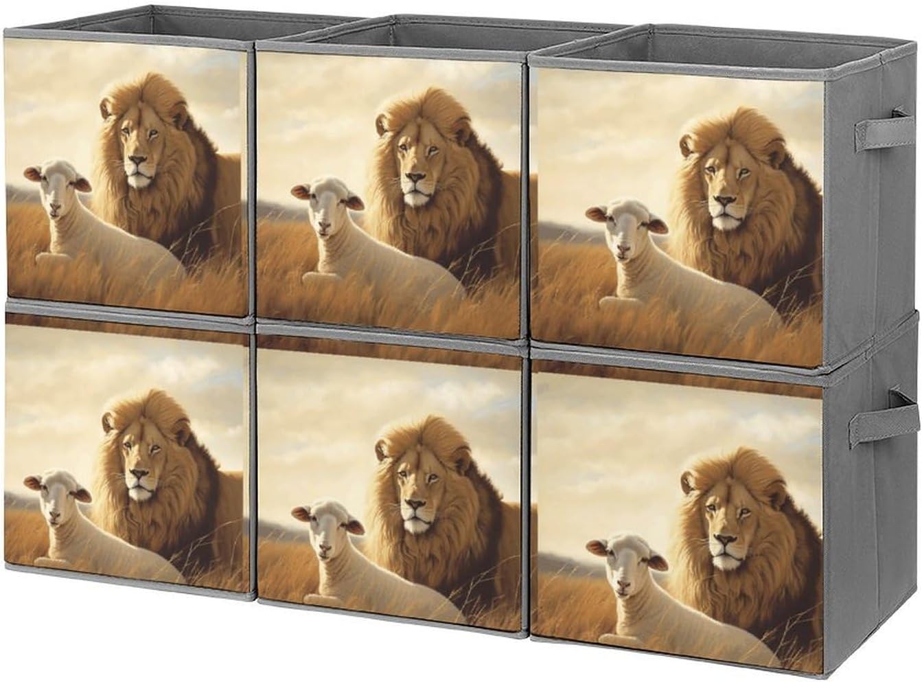 Lion Sheep Storage Cubes Set of 6 Storage Bins with Handles Collapsible Storage Basket Fabric Storage Box for Shelves Large Closet Shelf Organizer for Organization 11 Inch