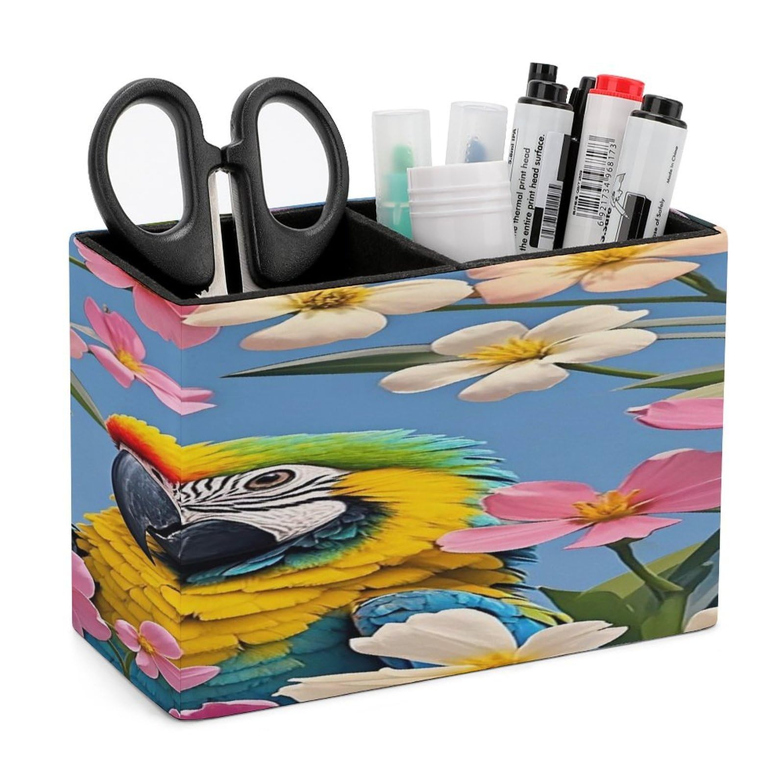 LZQPOEAS Lots of Flowers And Birds Leather Pen Holder with 2 Compartments Luxury Pencil Holder Minimalist Pencil Cup Brush Scissor Holders Elegant Pen Cup for Office Home Desk Accessories
