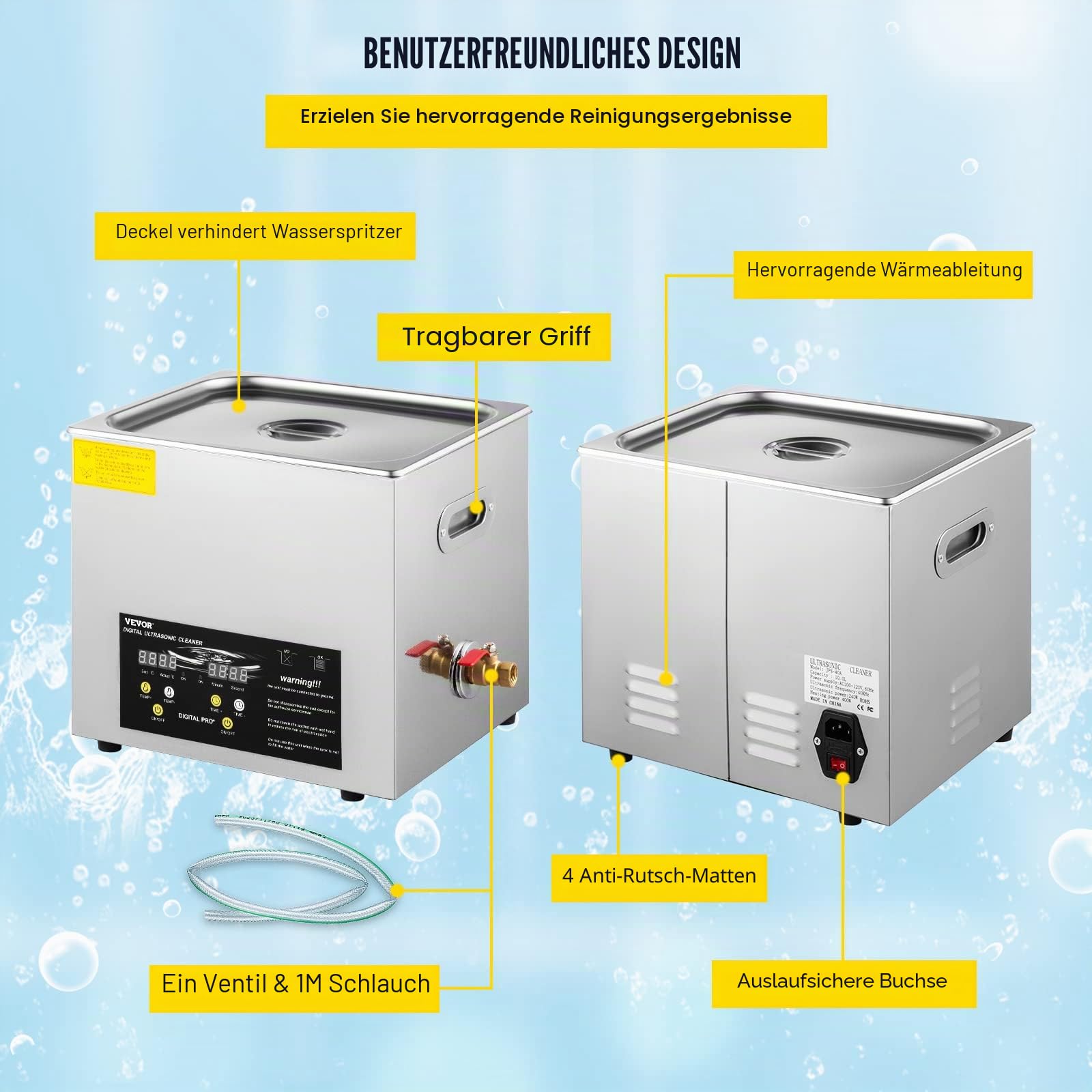 VEVOR 10 L verbesserter Ultraschallreiniger (400 W Heizung, 240 W Ultraschall) Professioneller digitaler Labor-Ultraschallreiniger mit Heizungstimer für die Reinigung von Teilen und Instrumenten