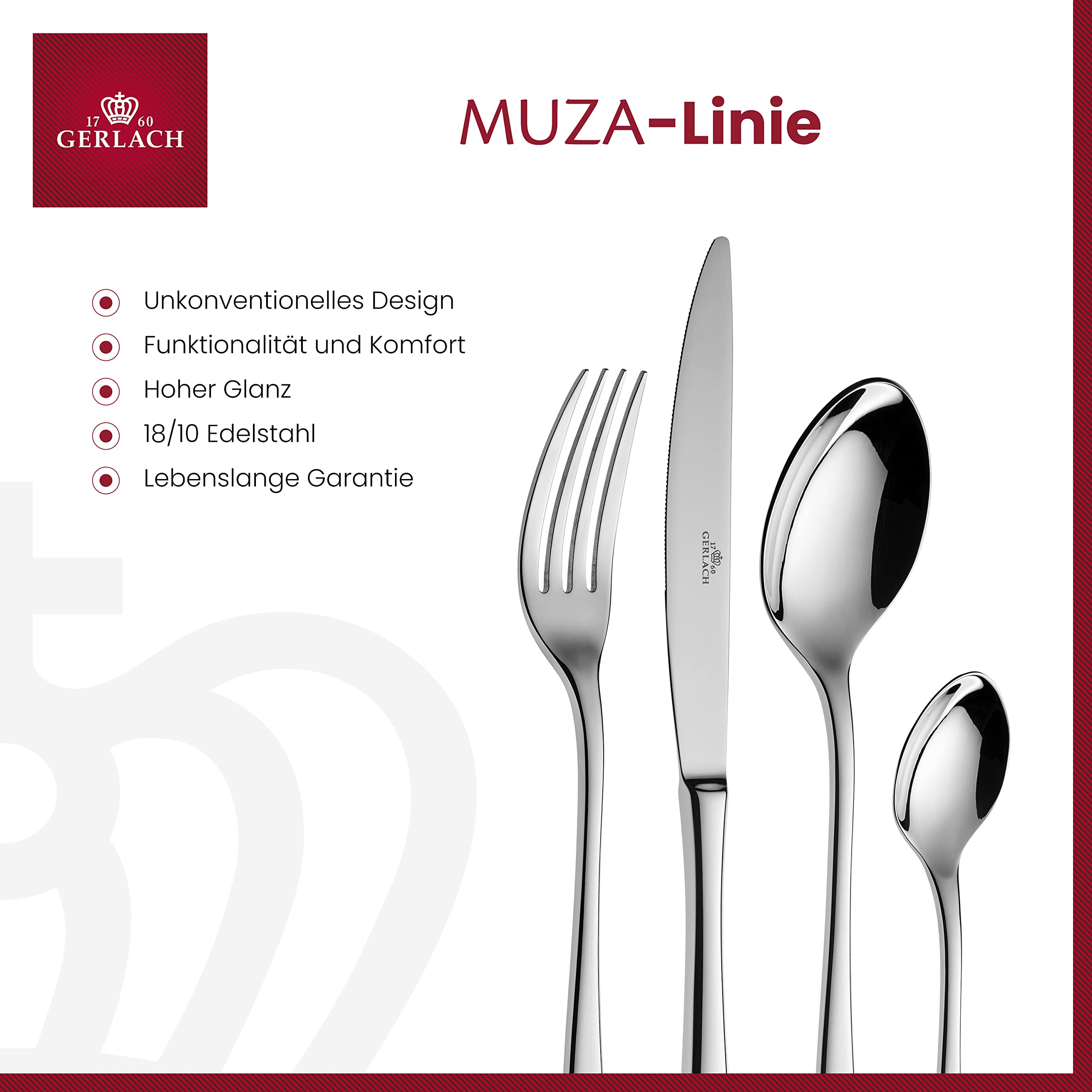 Gerlach Muza Besteck-Set 12 Personen Spülmaschinenfest Essbesteck Edelstahl Besteck Messer Gabel Löffel Teelöffel Kuchengabel Serviergabel Saucenlöffel Schöpfkelle Rostfrei Im Koffer 68 Stk