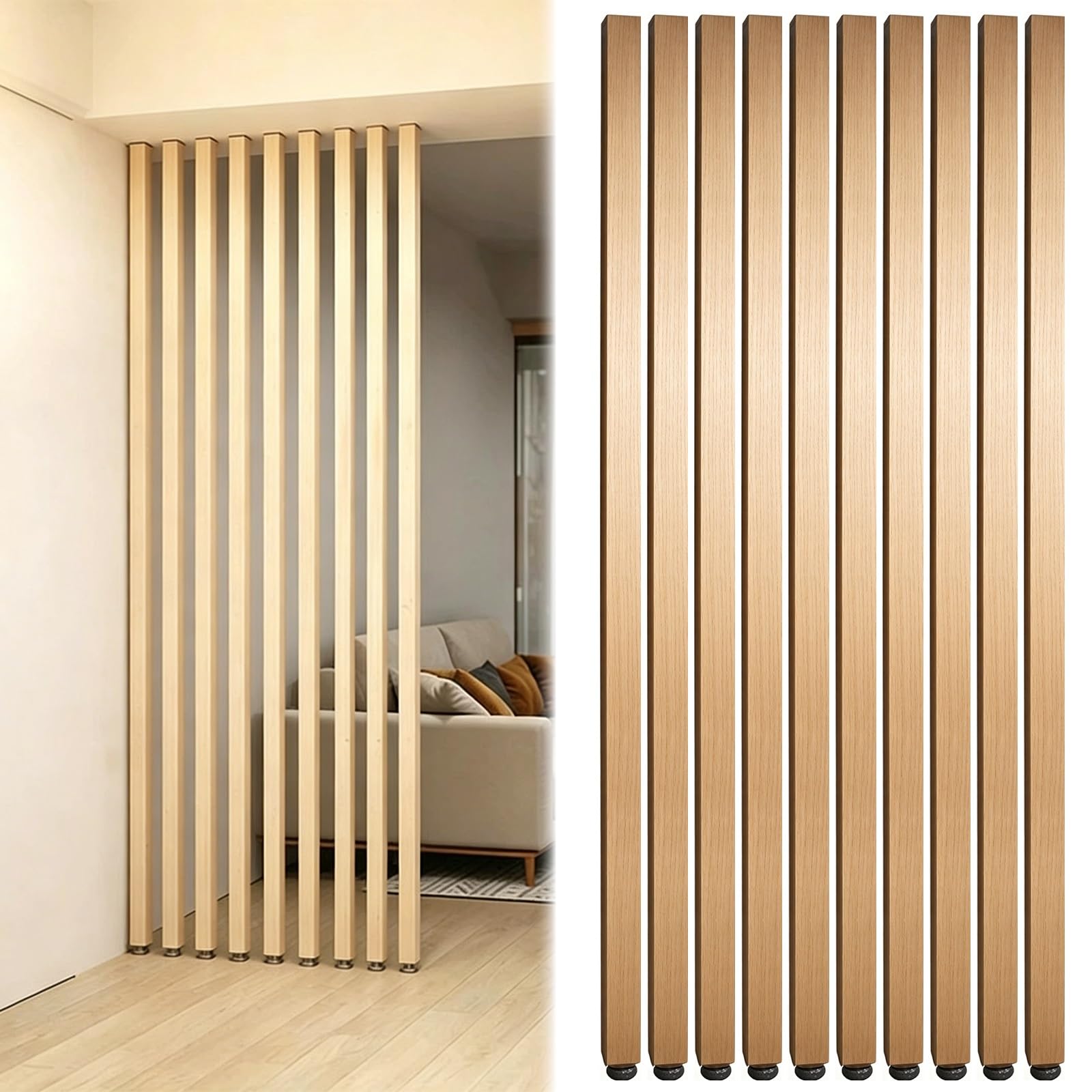 10 Pcs Modern Room Divider Screen Floor To Ceiling, Wood Slats Screens Partition Post, Entrance Hall Decorative separator Column for Living Room, Doorway(Red Oak Wood,H 235cm/7.7ft)