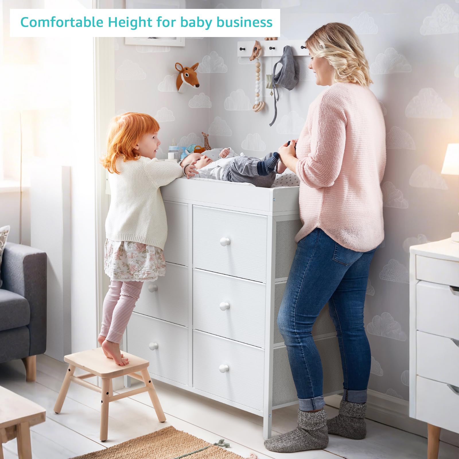 BOLUO Changing Table Dresser with 6 Fabric Drawers, Baby Dresser with Changing Table Top Diaper Changing Station with Storage for Nursery Modern