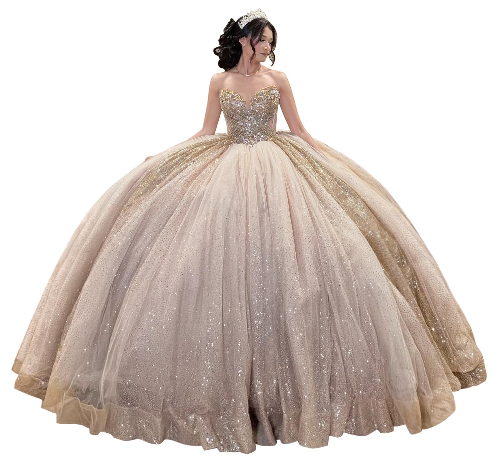 Mauuwy Sparkly Tulle Quinceanera Dresses Strapless Puffy Sweet 16 Dress with Train Beaded Crystal Vestidos De 15 A