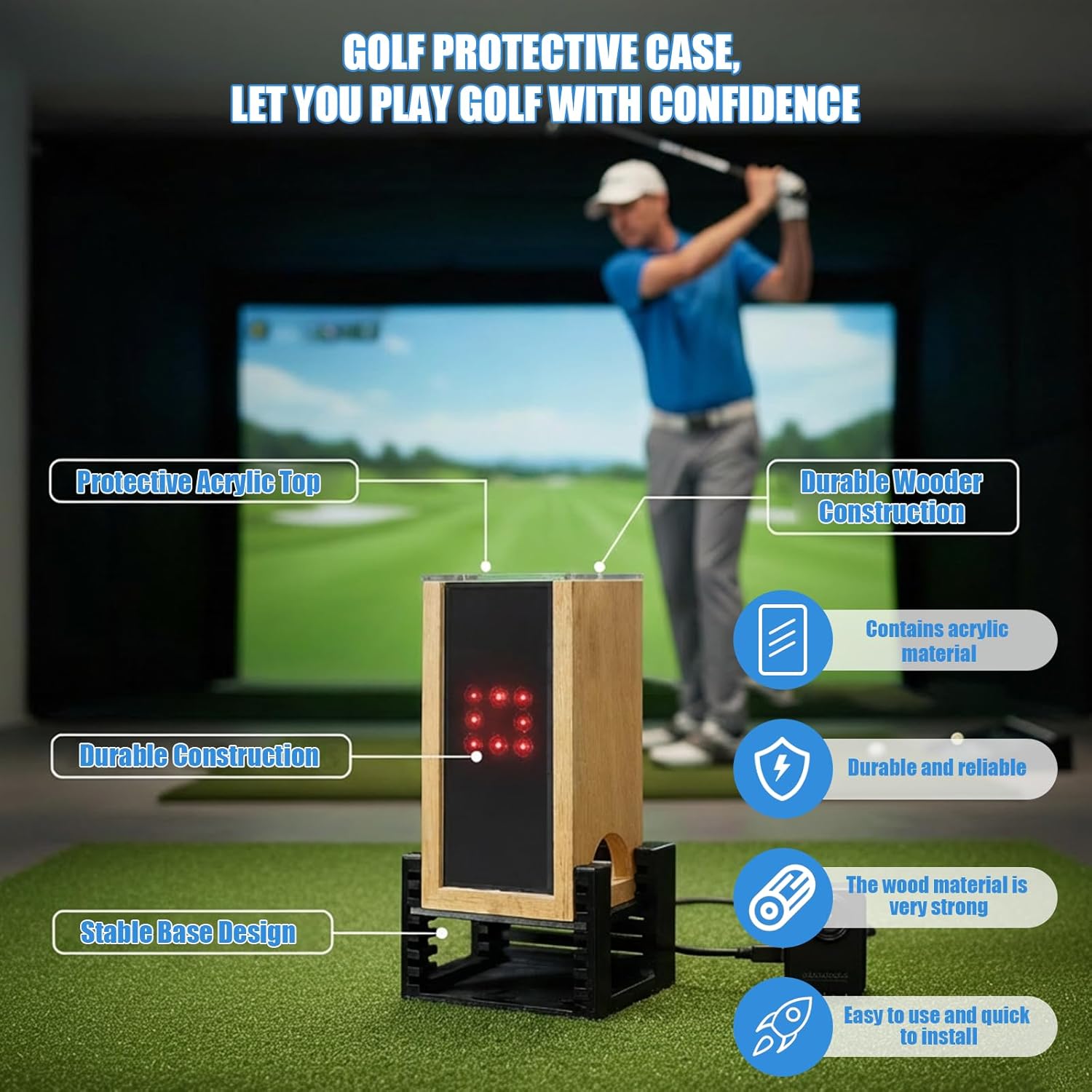 Protective Shield for Square Golf Launch Monitor, Adjustable Leveling Golf Launch Monitor Case, Golf Simulator Enclosure, Portable Golf Tee Monitor Protective Case, Suitable for Indoor and Outdoor Use