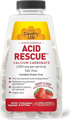 Country Life Acid Rescue - Carbonato de calcio, fórmula limpia, 1,000 mg, sin talco, 220 tabletas masticables con sabor a bayas, sin azúcar,