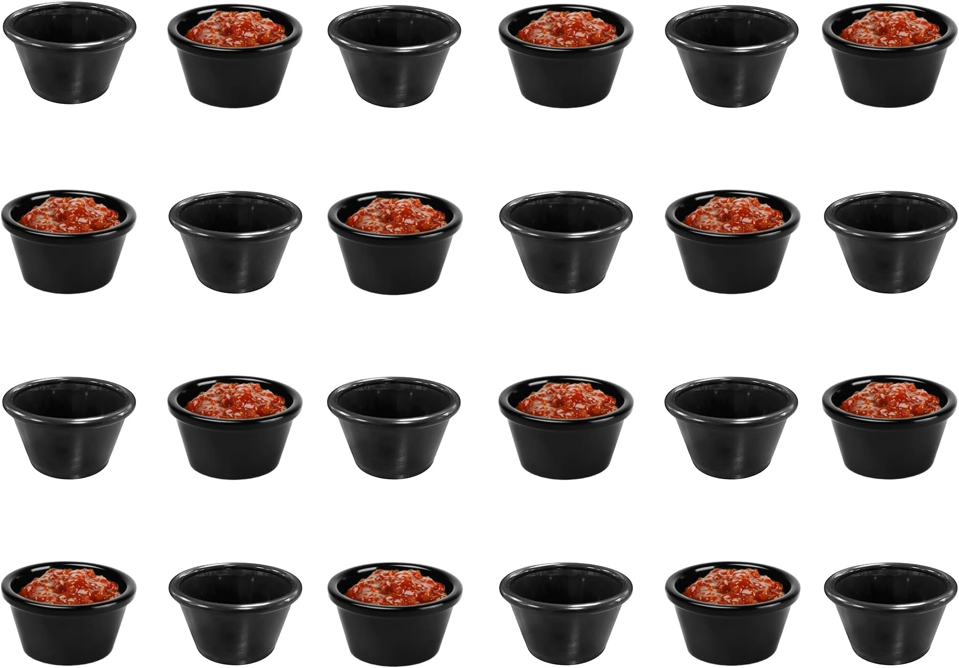 Chabrias Pack of 24 Plain Traditional Ramekins Condiment Pots, Sauce Ramekins, Dip Bowls, Tough Plastic Sauce Pots, Made in England (Black 1.5oz)