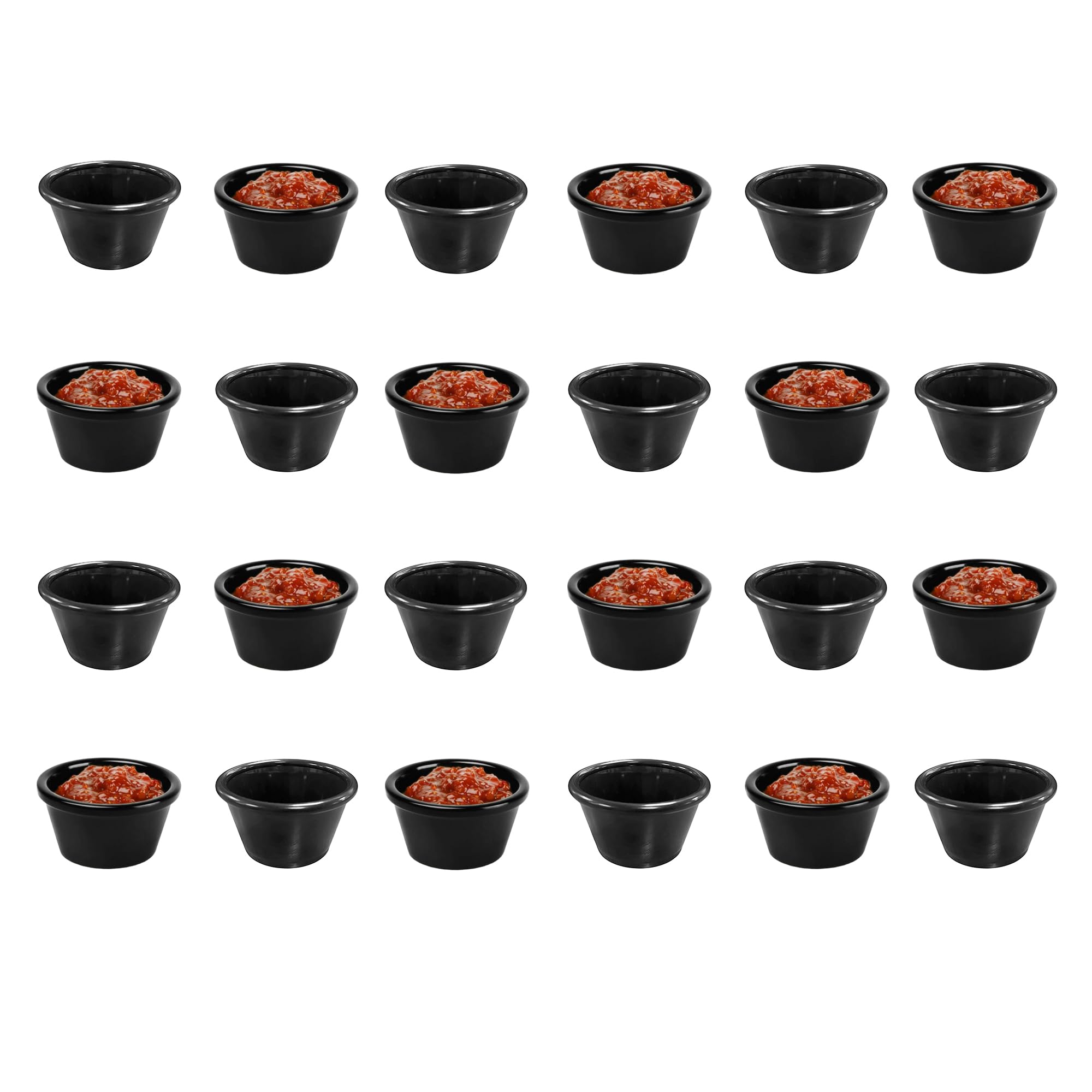 Chabrias Pack of 24 Plain Traditional Ramekins Condiment Pots, Sauce Ramekins, Dip Bowls, Tough Plastic Sauce Pots, Made in England (Black 1.5oz)