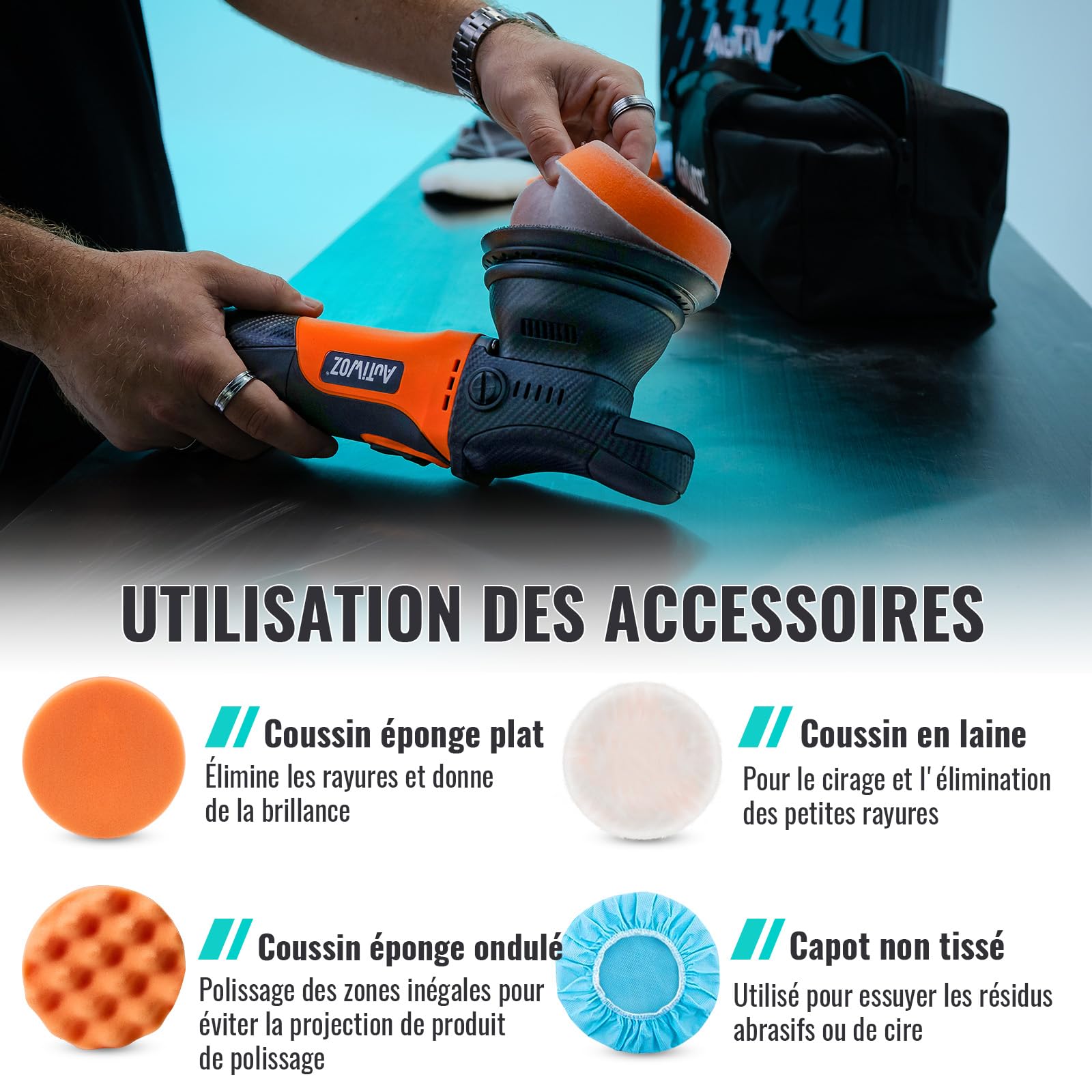 AUTIWOZ 630W Auto Polisseuse Orbitale 9mm,125mm Kit de Machine à Polir | Polisseuse Voiture Compacte Avec 6 Vitesses Variables (2000-6200 tr/min), Pour Automobile,Cirage,Lustrage,Polir,Ponçage - W01