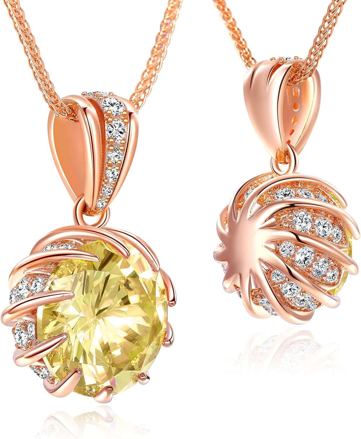 CeaKIev 6.0 Carat (12mm) Round Cubic Zirconia Pendant Necklace, 41 Diamond-Cut Accents, 18K Gold Plated Rose Gold, Adjustable 18"+2", Women’s Jewelry