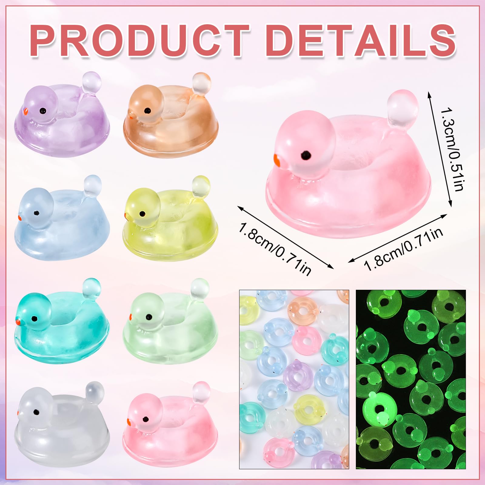 Lyreh 50pcs Mini Luminous Swimming Ring Ducks, 7 Color Tiny Small Resin Glow in the Dark Duck Miniature Garden Decor for DIY Dollhouse Bonsai Terrarium Micro Landscape Decors - Image 2