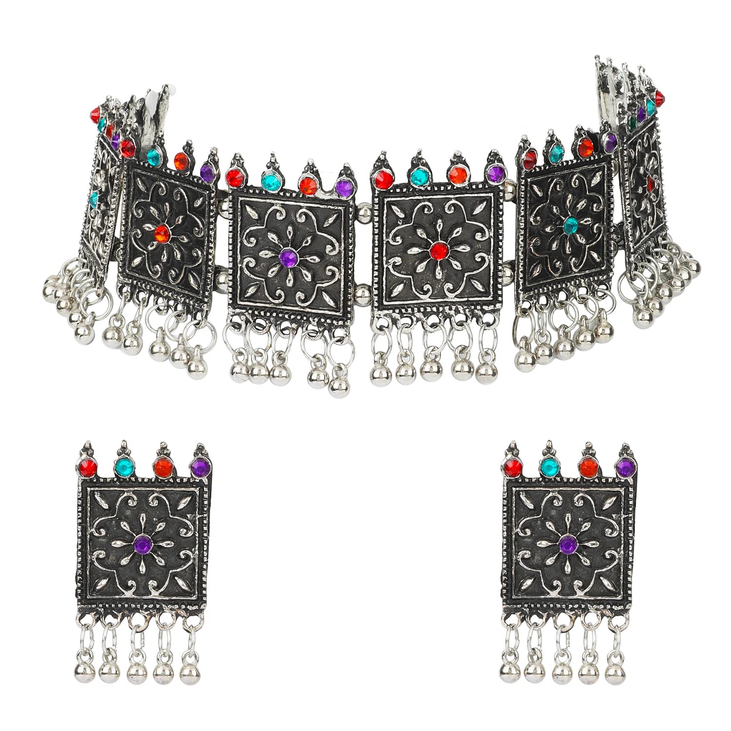 Shining Diva Fashion Latest Stylish Fancy Oxidised Silver Tribal Choker Necklace Jewellery Set for Women (12161s), Multicolour (B09RPFJHZ7) Amazon Price History, Amazon Price Tracker