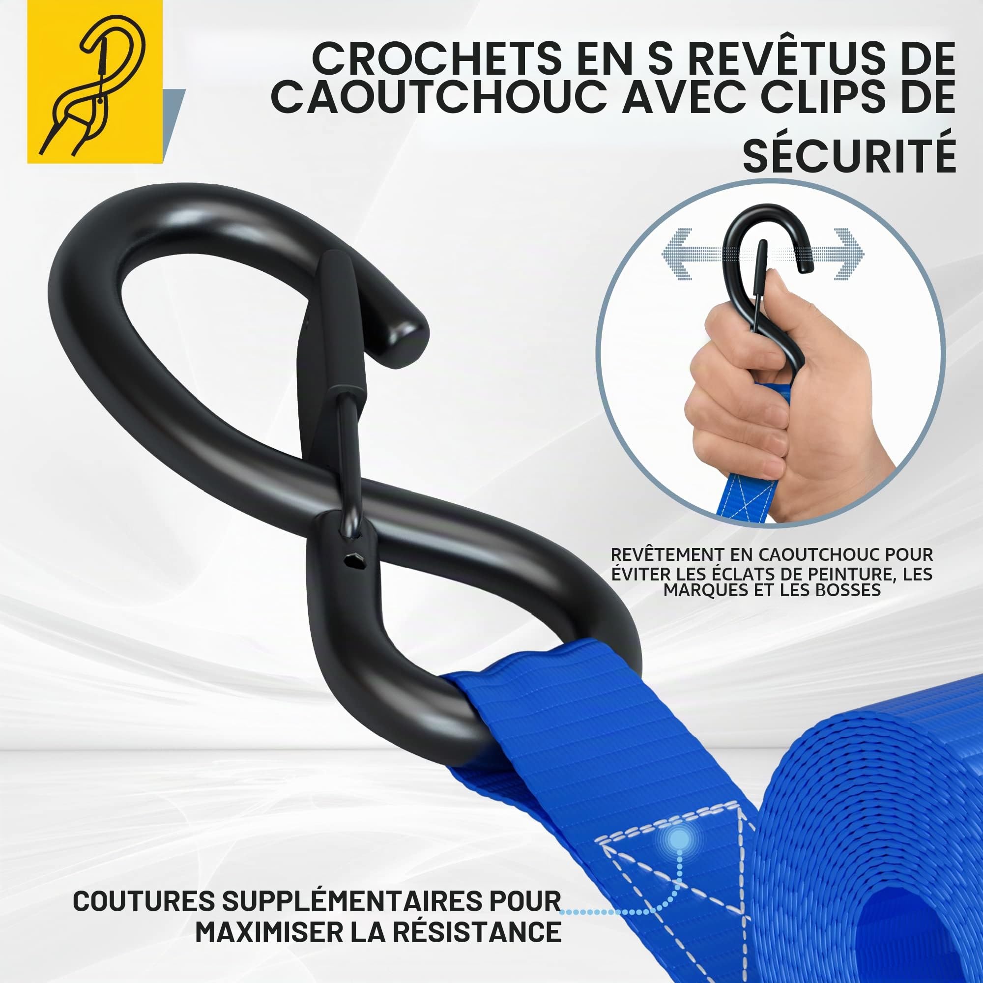 AUGO Sangles d'arrimage à cliquet-Lot de 4-4,5m-Résistance à la Rupture de 1000KG-Crochets de sécurité en S - pour appareils ménagers, équipement de pelouse,Moto-Comprend 2 tendeurs,4 Boucles Souples