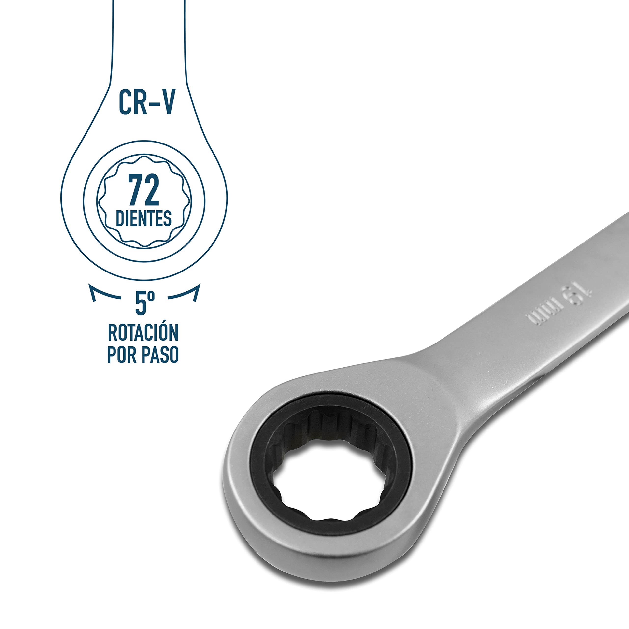 Ferrestock FSKLLG007 set de 7 llaves fijas con carraca, fabricado en cromo vanadio de alta calidad, acabado satinado, carraca de 72 dientes, incluye soporte
