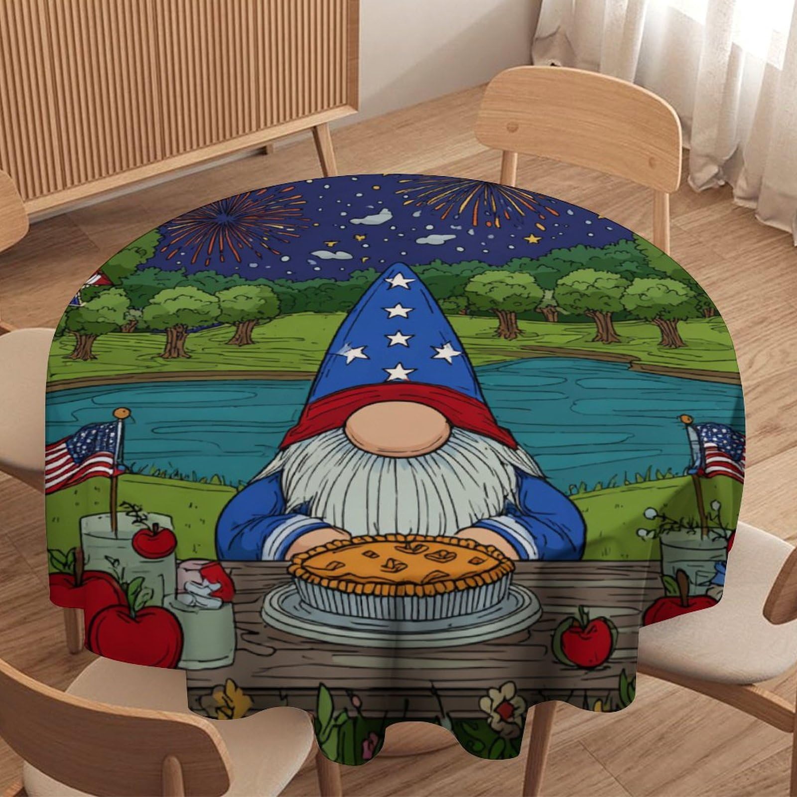 LUYYSKY Beautiful Cartoon Cute Gnome Round Tablecloth Modern Anime Patriotic American Flag Print Washable Decor for Table Cover for Kitchen-91.4" Wx91.4 L cm