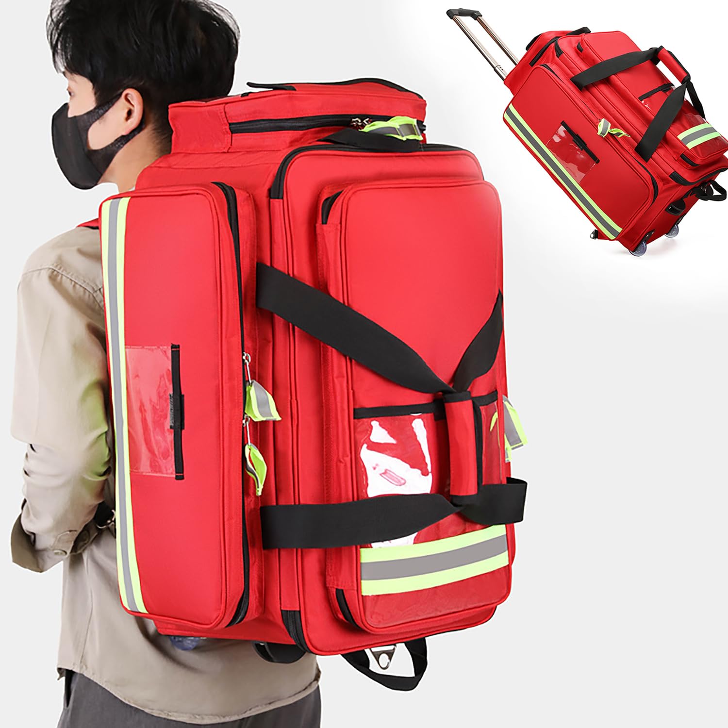 Bolsa Médica con Ruedas De Gran Capacidad, Bolsa Portátil para Botiquín De Primeros Auxilios (vacía), con Compartimentos Y Banda Reflectante, Bolsa De Viaje para Emergencias Al Aire Libre