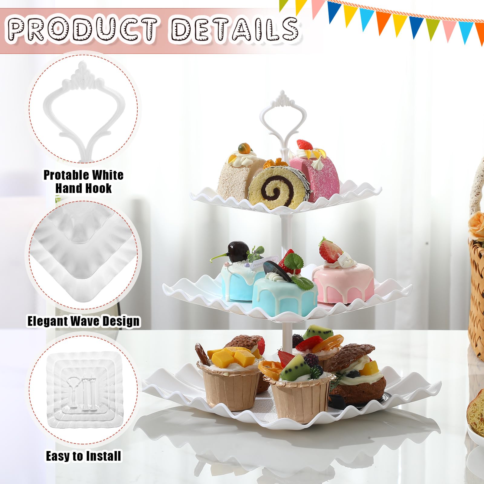 Chunful 8 Pack 3 Tier Cupcake Stand Bulk Square Tiered Dessert Stand Holder Wave Edge Thick Plastic Serving Tray Dessert Table Display Set Tea Cake Holder for Wedding Birthday Party (White)