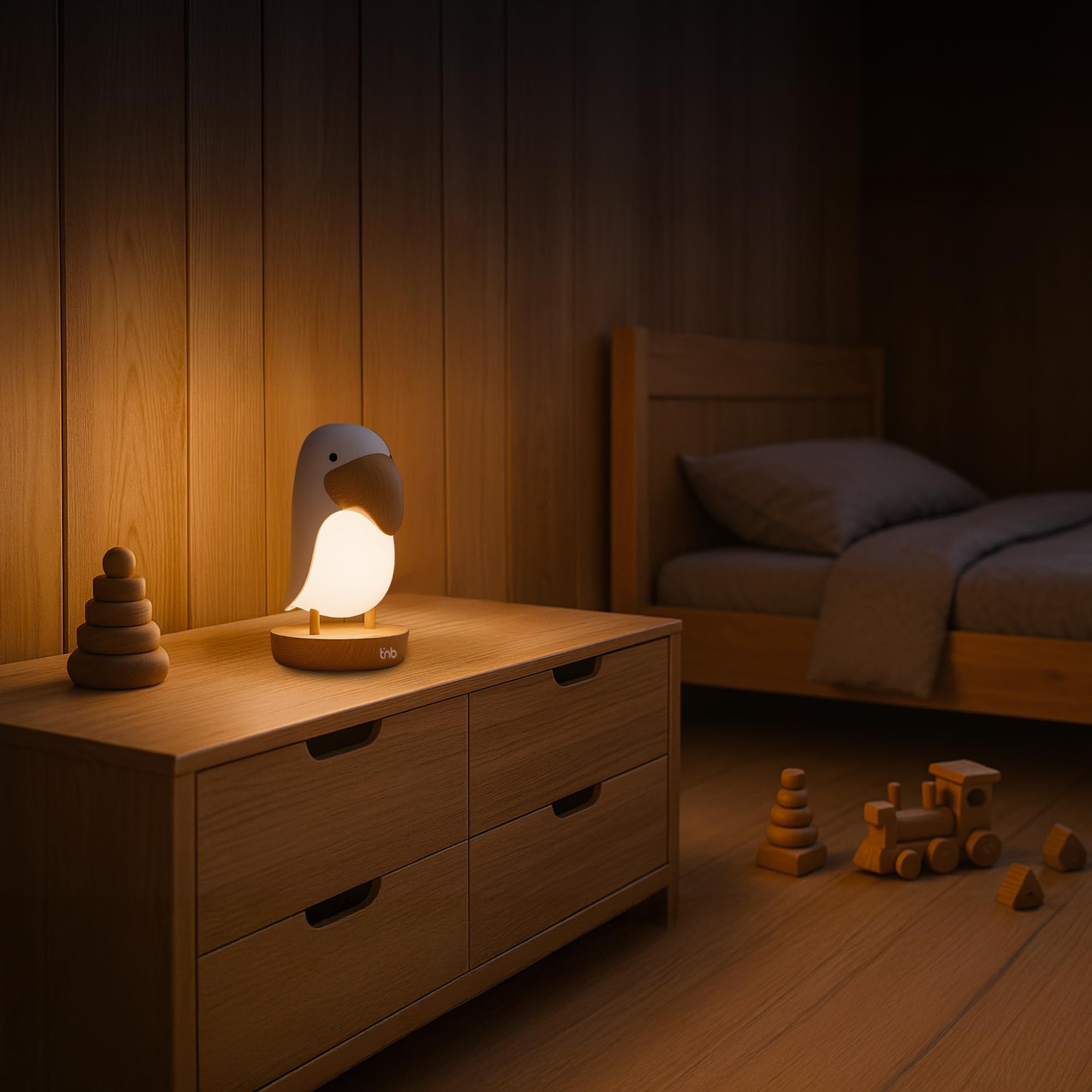 T'nB – Luz nocturna con sonidos relajantes, 6 ruidos naturales para la relajación, control remoto, temporizador 30 min, brillo ajustable, modo de respiración, carga USB – Tucán blanco