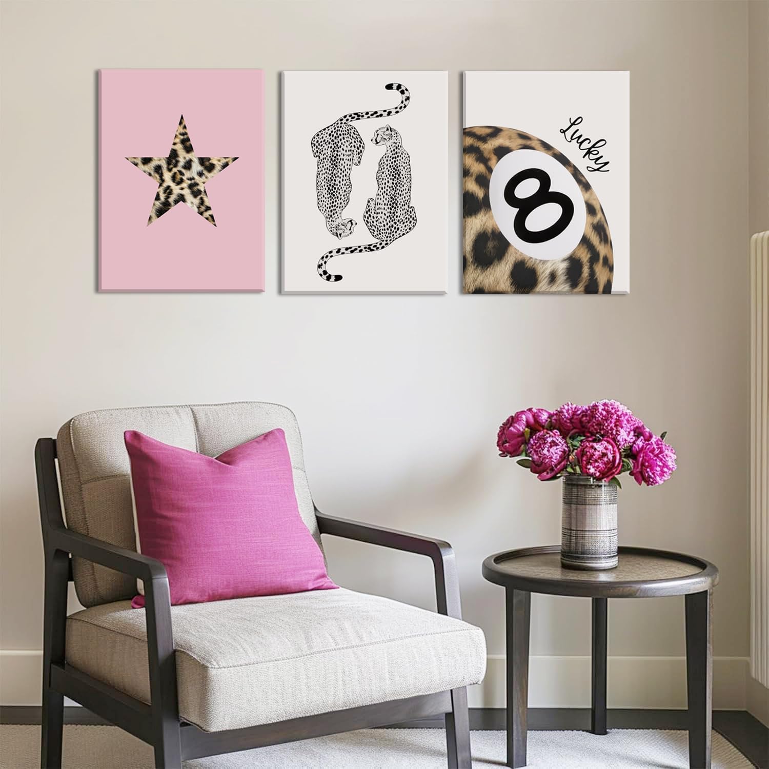 Hwetui Trendy Leopard Canvas Wall Art Set of 3 Funky Lucky 8 Ball Posters Prints Preppy Room Aesthetic Painting Cheetah Wall Decor Pictures for Girls Bedroom Apartment Dorm 12x16 Inch Framed