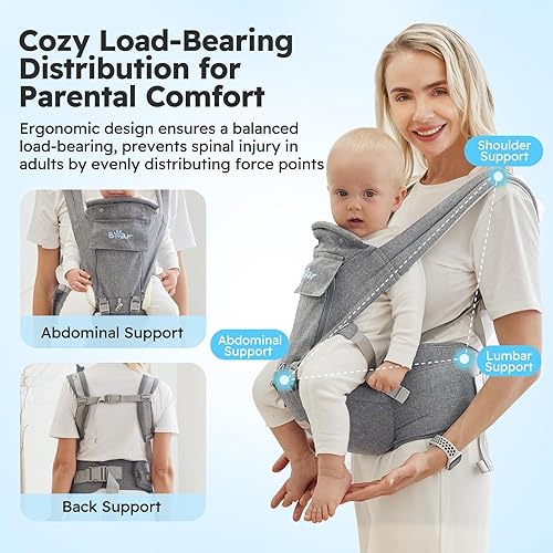 Miniatura 4 de Bear Portabebés 6 en 1 para recién nacidos a niños pequeños con asiento de cadera (posición ergonómica M) para bebés de 3 a 36 meses, 7 a 44 libras,