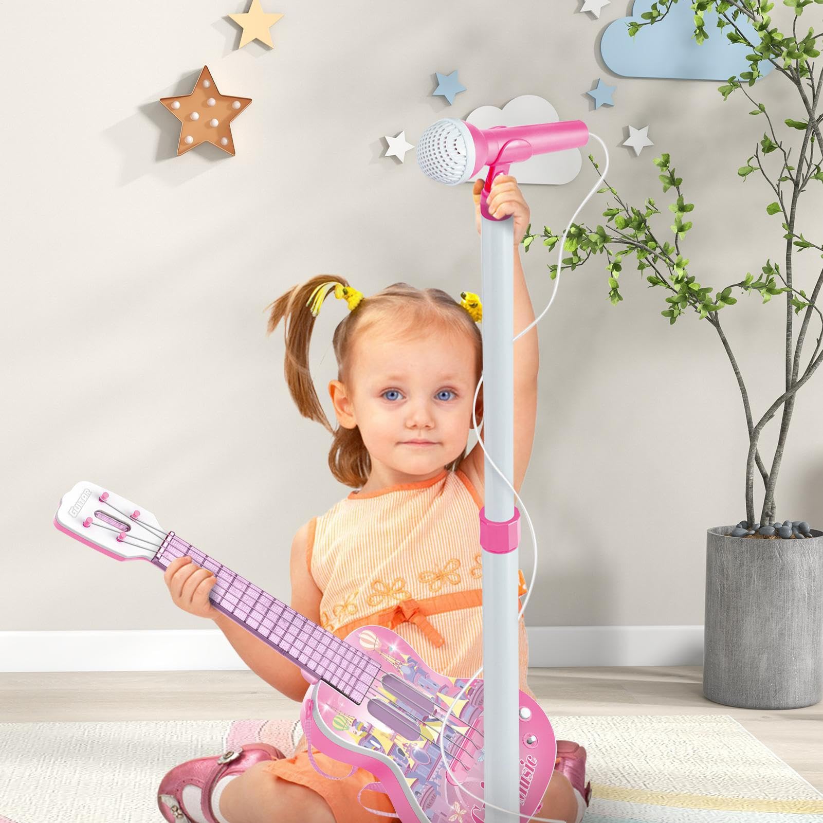 Chitarra Giocattolo Per Bambini Giocattolo Strumenti Musicali | Kit Apprendimento con Chitarra e Microfono Per Viaggi Camera Dei Giochi Scuola Asilo Feste Di Gruppo