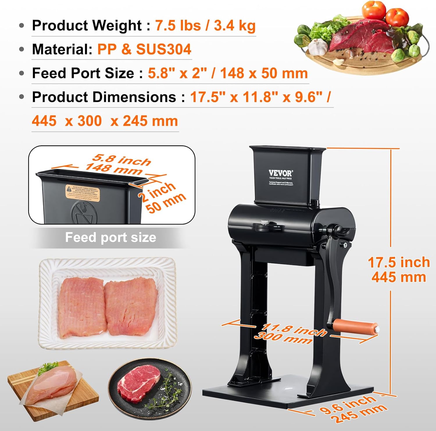VEVOR Commercial Meat Tenderizer, Stainless Steel Manual Meat Tenderizer Machine Heavy Duty Clamps, Easy Operation Kitchen Tool, 5.8" Feed Port for Slicing Steak,Turkey, Chicken, Pork,Fish,Venison