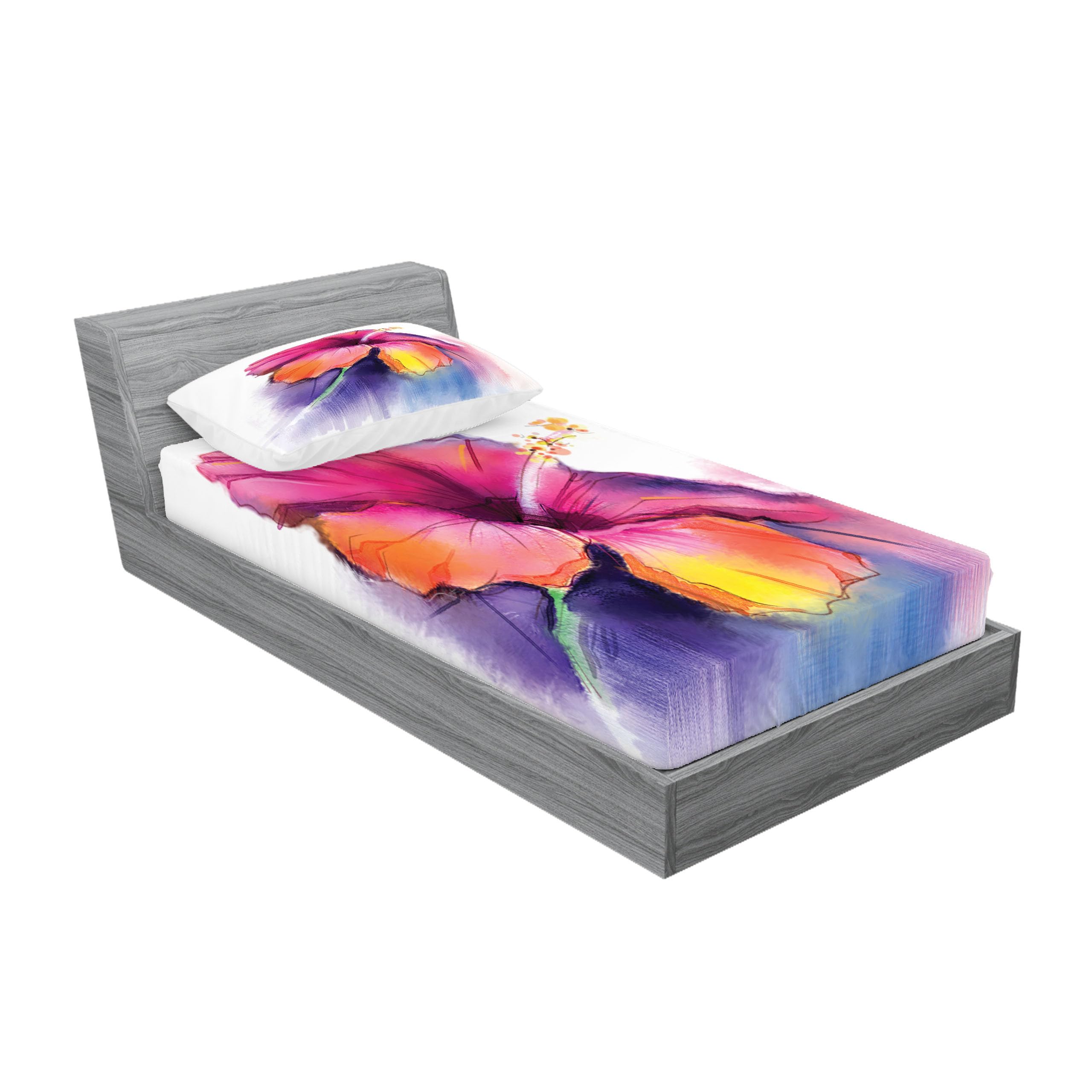 Ambesonne Flower Fitted Sheet & Pillow Sham Set, Hibiscus Flower in Pastel Abstract Colorful Romantic Petal Pattern Art Print, Decorative Printed 2 Piece Bedding Decor Set, Twinxl, Pink Violet