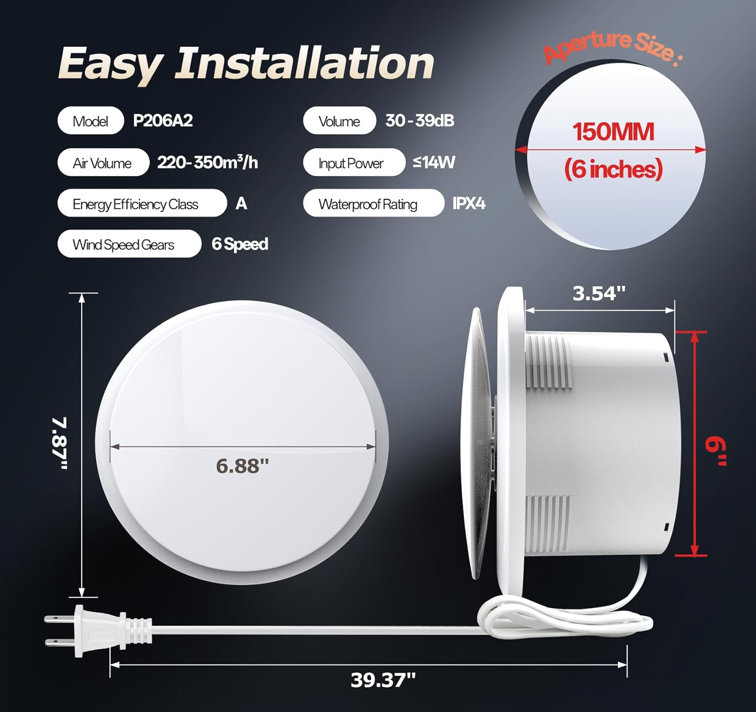 6 inch Bathroom Exhaust Fan with Remote 2 Way 6 Speed Upgraded Powerful Low Noise Vent Fan 3000RPM DC Motor Energy Saving Household Ventilation Fans for Attic Basement Garage Washroom VP206A29