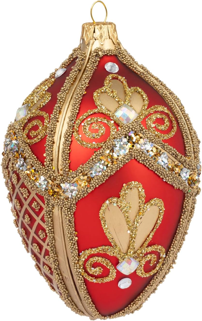 Fabergé Egg 5-Inch Blown Glass Christmas Tree Ornament Royal Gold Embellishments (Red Matte)