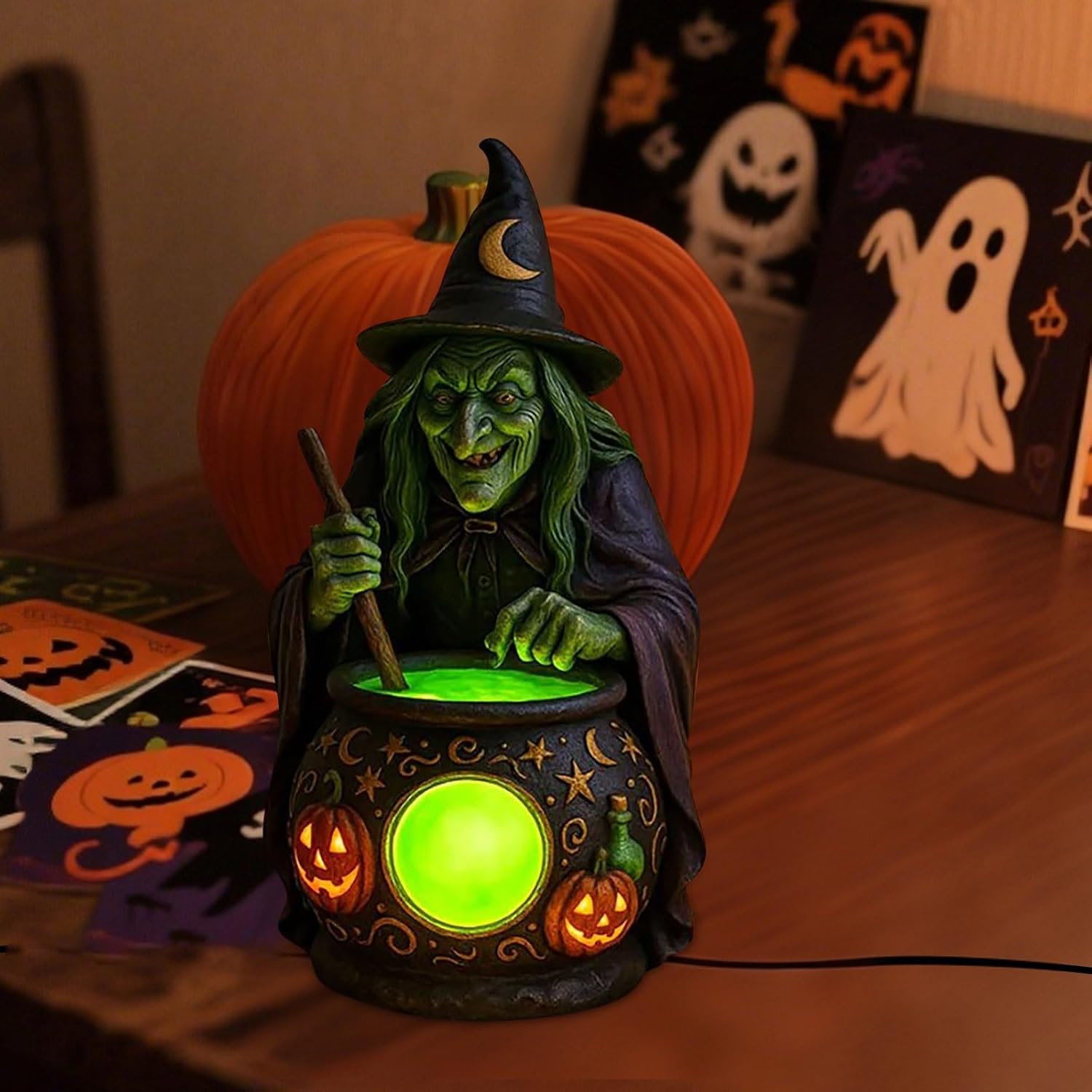Halloween Witch Cauldron Lamp, Halloween Decorations Indoor with Eerie Green Glow, LED Landscape Lamp, Spooky Witch Brewing Pot Light, Black Witches Cauldron Party Decoration for Home (Black)